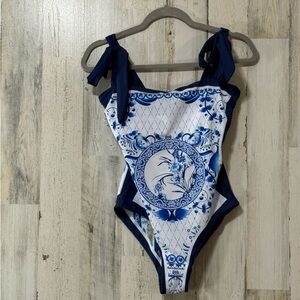 Navy and White Floral Women Swim One Piece